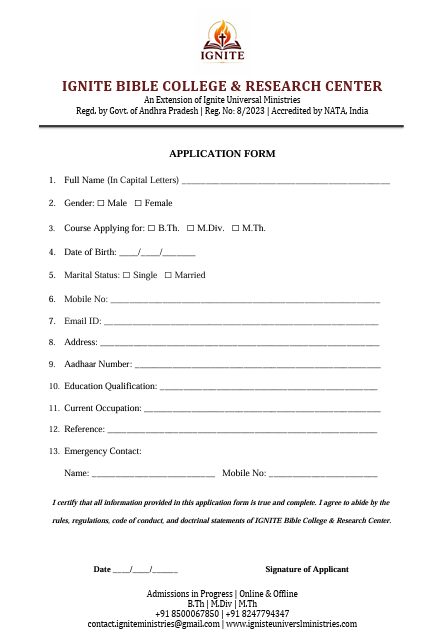 IGNITE Bible College Application Form